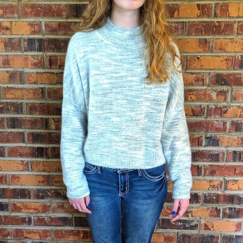 Sincerely Jules Cozy Pullover Soft Faux Mohair Heather Blue Mock Neck Size Med